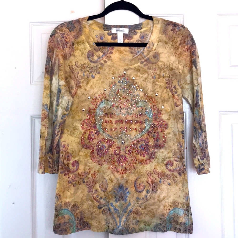 Ladies Dressbarn rhinestone top shirt tan paisley
